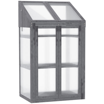 Outsunny Wooden Cold Frame Polycarbonate Greenhouse with Openable Top Cover and Double Door, Grow House for Flower, Vegetable and Plants, 70 x 50 x 120cm, Grey