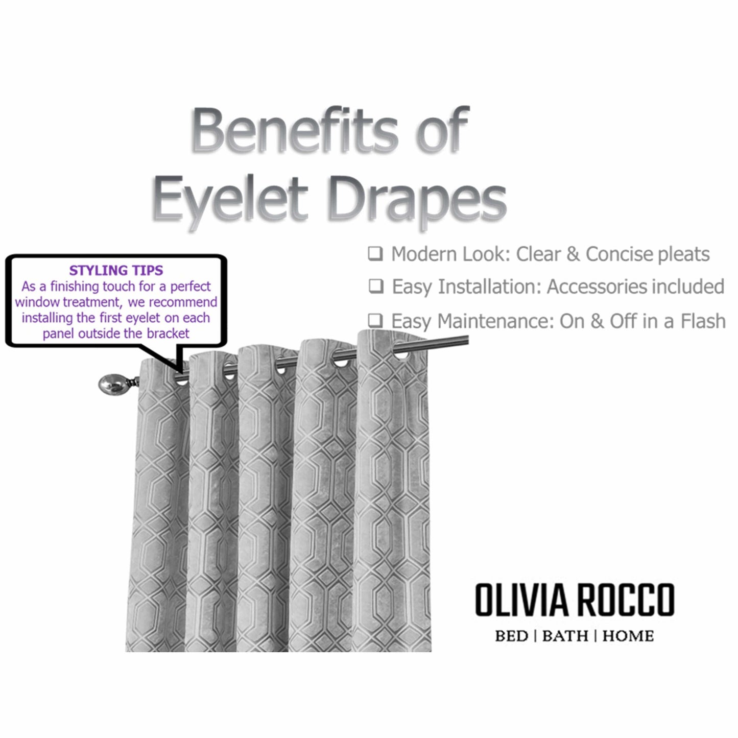 Luxe Geo Velvet Eyelet Curtains Grey Thermal Insulated Soundproof Light Blocking Drapes for Bedroom & Lounge by OLIVIA ROCCO