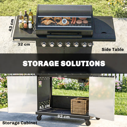 Outsunny 6+1 Burner Gas BBQ Grill, Outdoor Barbecue Trolley with Wheels, Warming Rack, Thermometer, Bottle Opener, Black