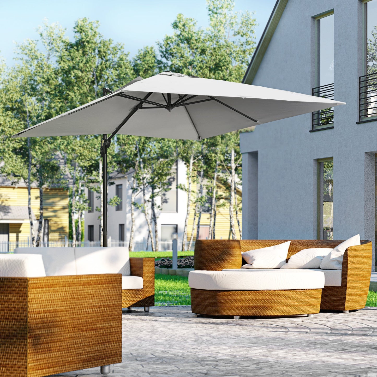 Outsunny 2.7 x 2.7 m Cantilever Parasol, Square Overhanging Umbrella with Cross Base, Crank Handle, Tilt, 360\'c2\'b0 Rotation and Aluminium Frame, Grey