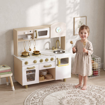 AIYAPLAY Play Kitchen, Kids Kitchen Playset with Rotating Coffee Machine, Storage Shelf, Stove, Gift for Kids 3-6 Years, White