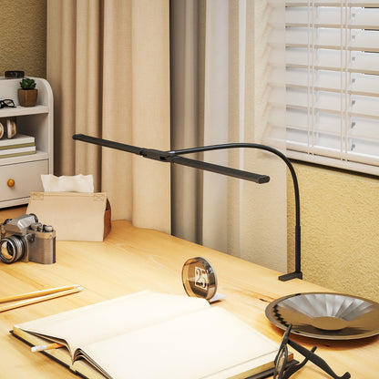 HOMCOM LED Desk Lamp with Clamp, Double Head Table Lamp with 3 Colour Modes & 10 Brightness Levels, Flexible Gooseneck Reading Desk Light with Timer and Memory Function for Study, Office, Work, Black