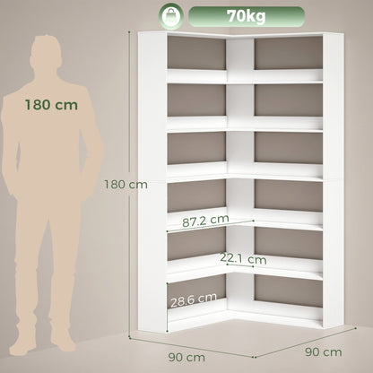 HOMCOM 7 Tiers Bookshelf, L-Shaped Corner Bookcase with Anti-Slip Rear Guard, White Wood Effect