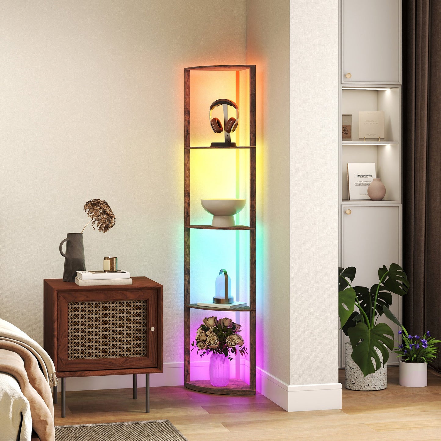 HOMCOM RGB LED Floor Lamp with Shelves, 5-Tier Dimmable Standing Lamp with Adjustable Brightness and Remote Control, Modern Corner Display Shelf Unit for Living Room Bedroom Office, Rustic Brown