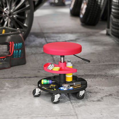 HOMCOM Rolling Mechanic Stool, 135kg Capacity Workshop Stool, 360° Swivel Roller Padded Creeper Seat with Wheels, Tool Trays Storage for Garage, Shop, Auto Repair, Red