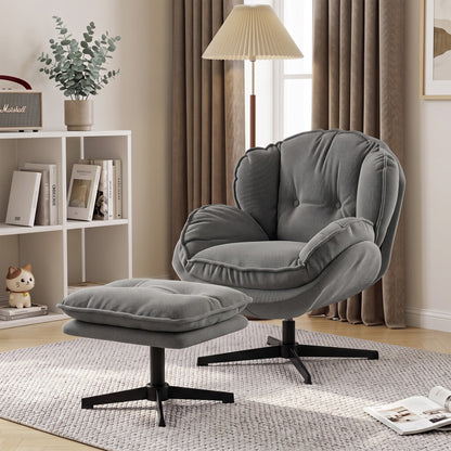 HOMCOM Armchair with Adjustable Footstool, 360-Degree Swivel Chenille Cloud Accent Chair with Thick Cushion, Steel Base, Grey