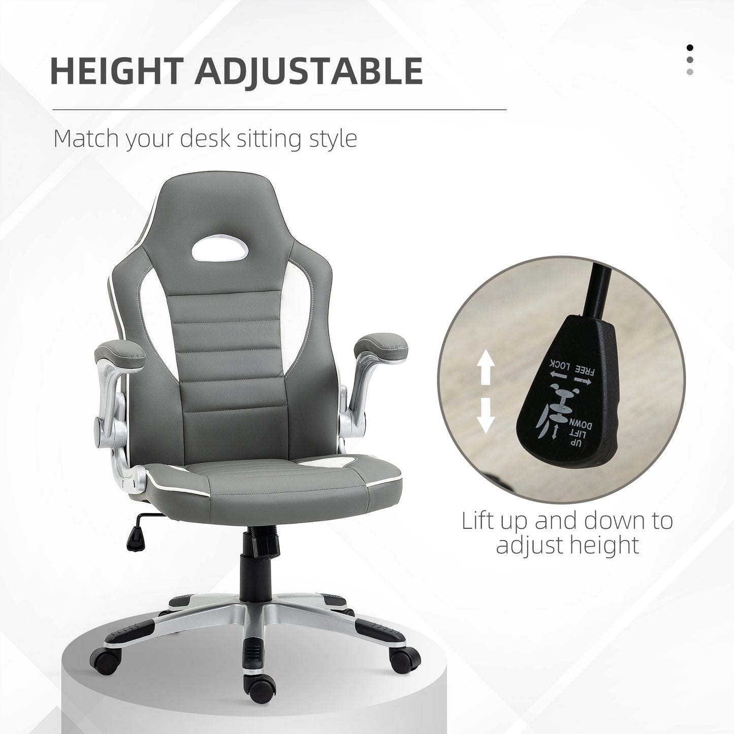 Vinsetto Computer Gaming Chair, Office Desk Swivel Chair, PU Leather Racing Chair with 90\'c2\'b0 Flip-up Armrest, Adjustable Height and Rolling Wheels, Grey
