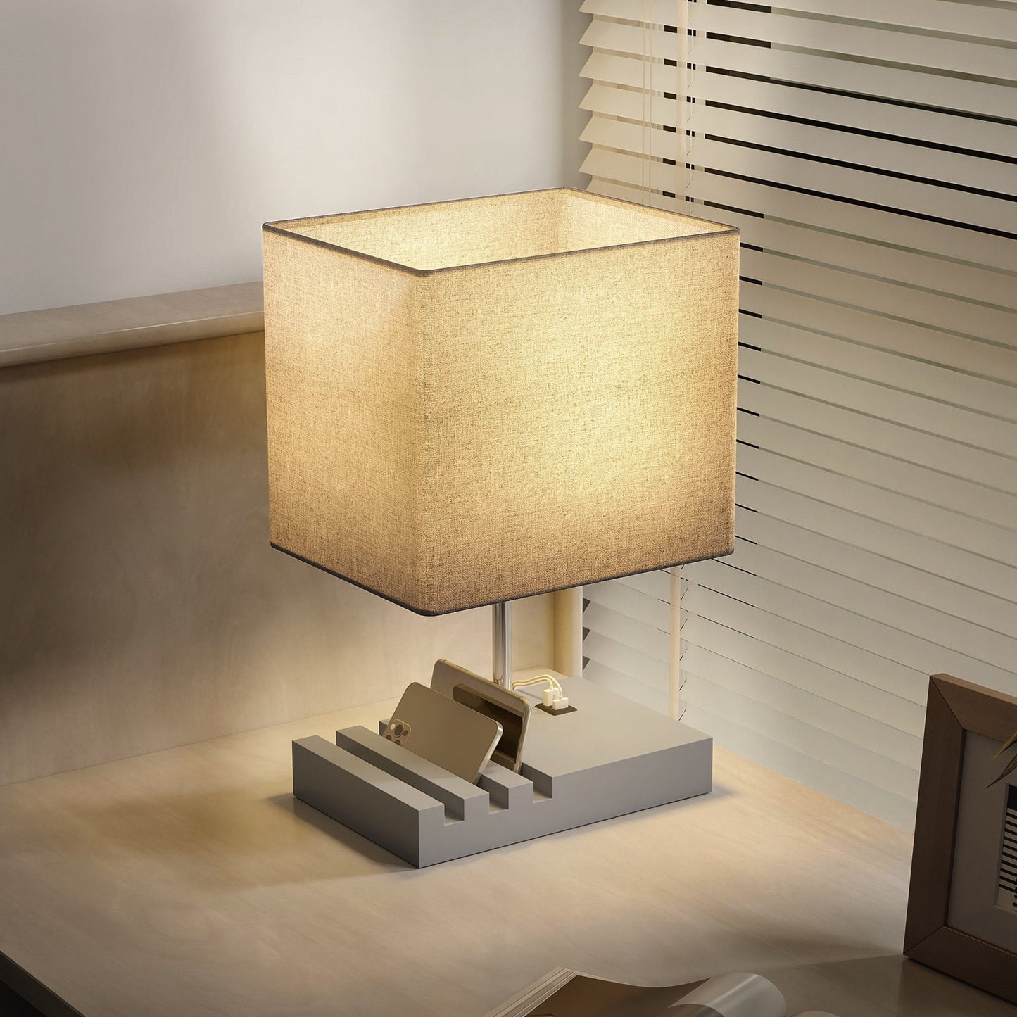 HOMCOM Bedside Lamp with USB A+C Charging Ports and 3 Phone Stands, Modern Table Lamp with Solid Wood Base and Fabric Shade for Bedroom Living Room Office, E27 Socket, Bulb Not Included, Grey