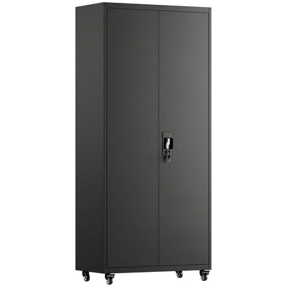 HOMCOM Metal Storage Cabinet, 180 cm Tall Lockable Steel Tool Cabinet with Removable Wheels and Adjustable Shelves, Black