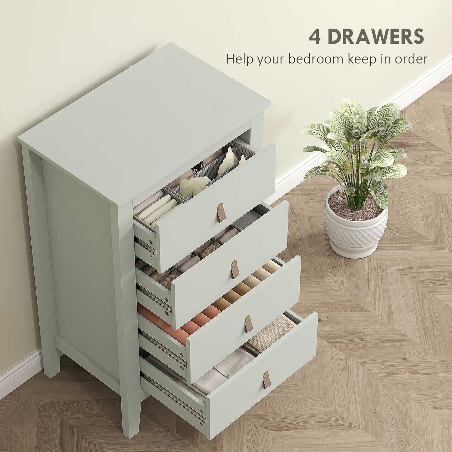 HOMCOM Bedroom Chest of Drawers, Modern 4 Drawer Dresser Cabinet with PU Leather Handles and Metal Runners for Living Room, Hallway, Entryway, Green