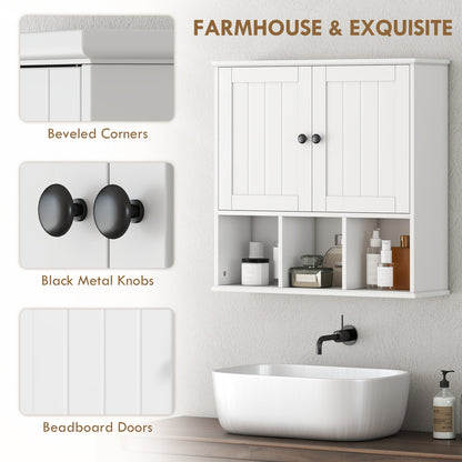 HOMCOM Farmhouse Bathroom Wall Cabinet, Wall Mounted Medicine Cabinet with Adjustable Shelf, Open Compartments, White