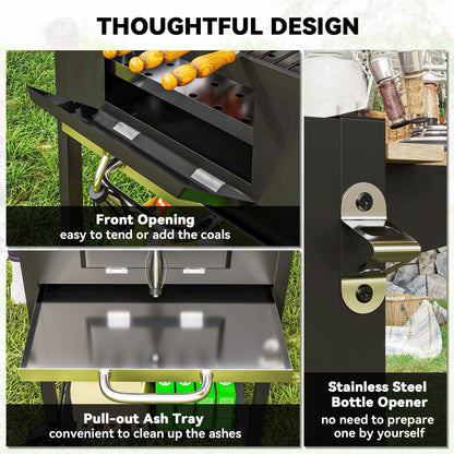 Outsunny Charcoal BBQ Grill with Height Adjustable Charcoal Pan, Portable Barbecue Smoker with Warming Rack, 3 Shelves, Temperature Gauge, Wheels, Bottle Opener for Outdoor Cooking Garden Party