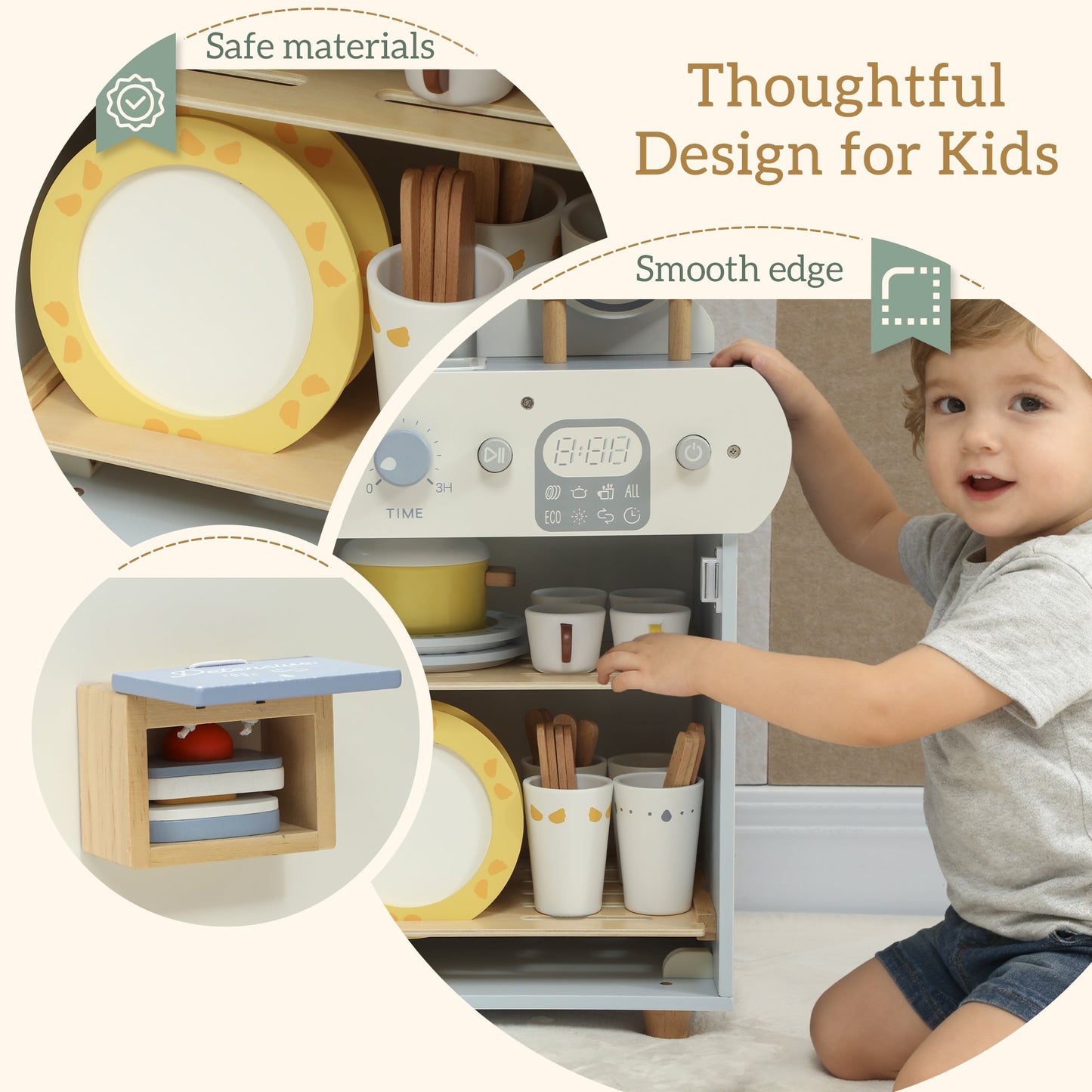 AIYAPLAY Wooden Dishwasher Playset, Kitchen Sink Toys with Faucet, Sink and Accessories, Gift for Boys Girls Toddlers