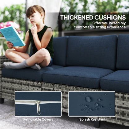 Outsunny 6 Pieces Rattan Garden Furniture Set, 5 Seater Wicker Outdoor Furniture Set with 2 Armchairs, Steel Frame Coffee Table and Cushions for Balcony, Porch, Navy Blue