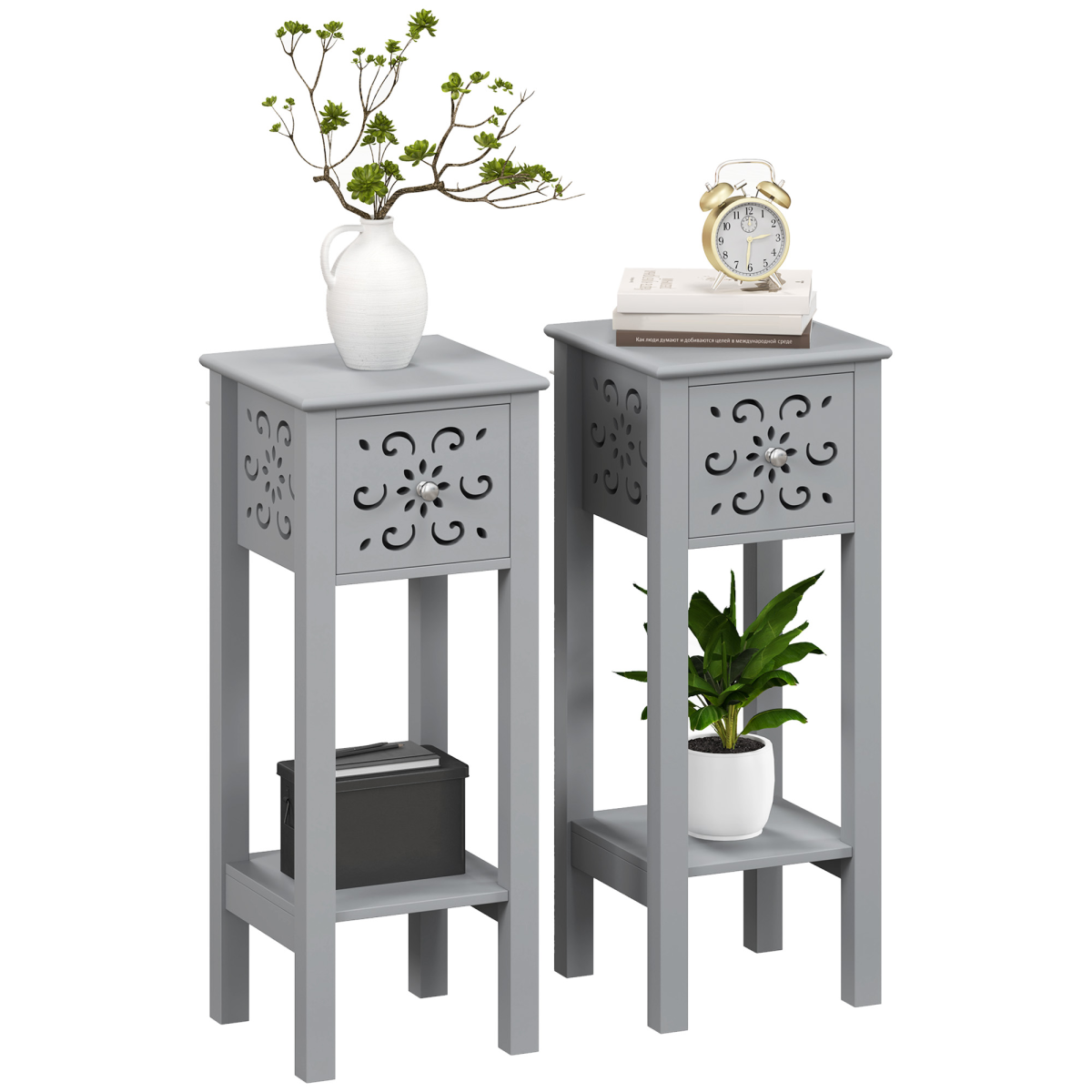 Elegant Floral Design Grey MDF Storage Unit Set - Durable & Stylish