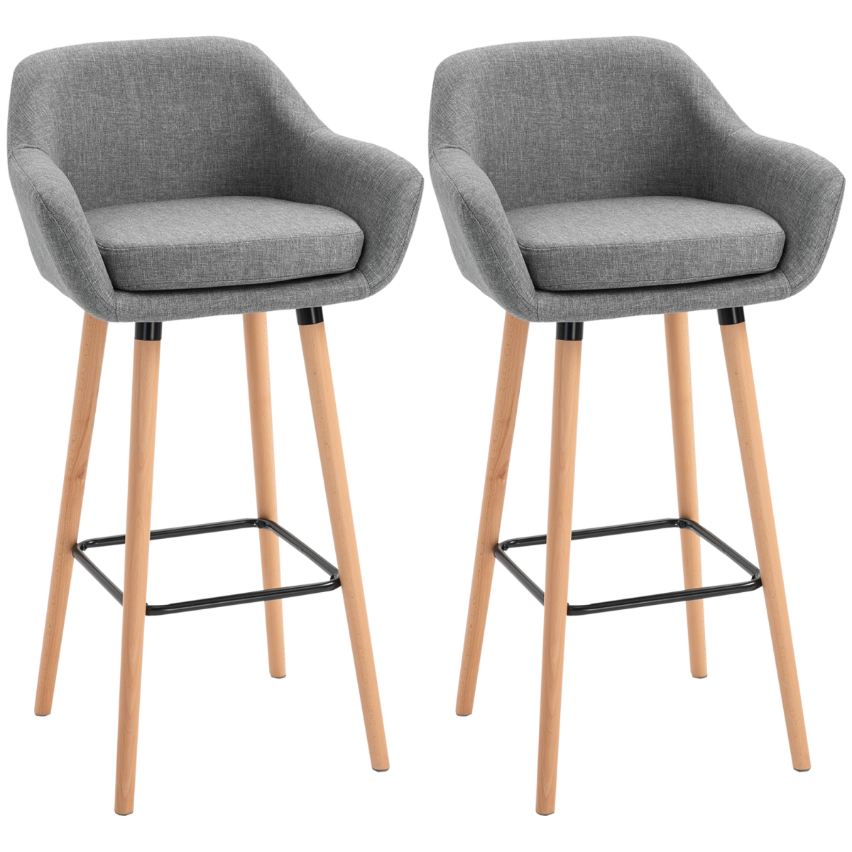 2 PCs Modern Upholstered Fabric Bucket Seat Bar Stools w/ Solid Wood Legs Grey