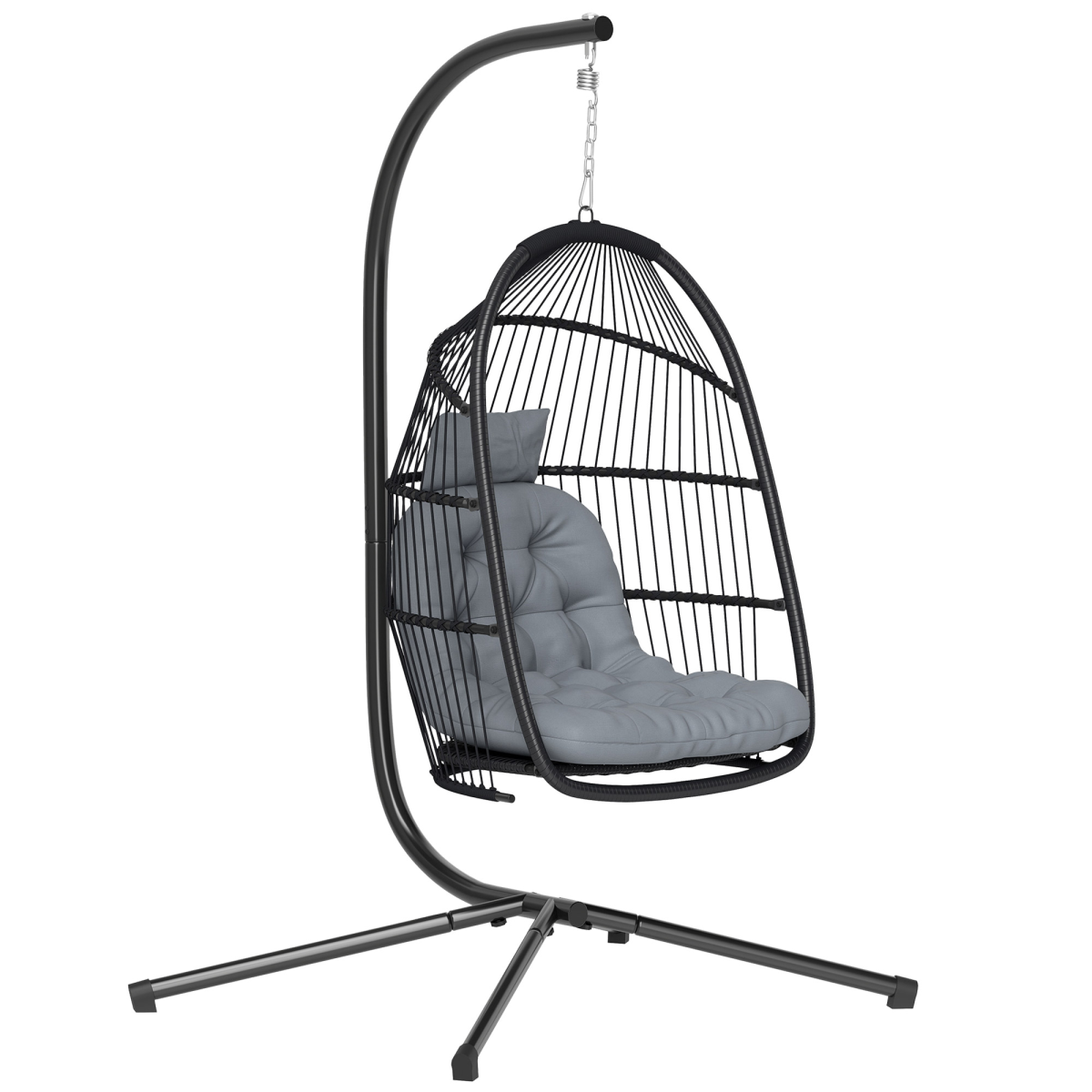 Outsunny Rattan Hanging Egg Chair with Stand, Cushion, Dark Grey