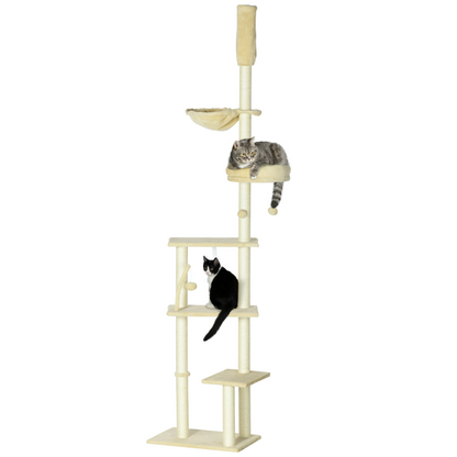 6-Tier Floor to Ceiling Cat Tree with Scratching Post, Bed, Hammock, Beige