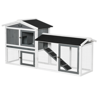 Two-Tier Wooden Rabbit Hutch Small Animal House w/ Run Box, Slide-Out Tray, Ramp