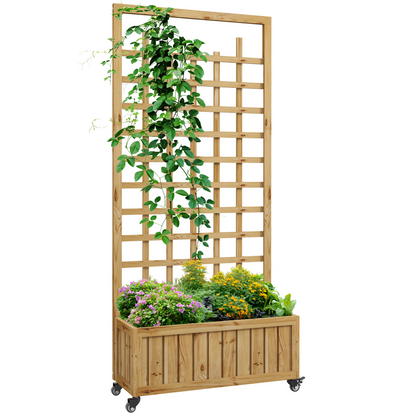 Outsunny Wooden Trellis Planter, Raised Garden Bed with Wheels and Bed Liner