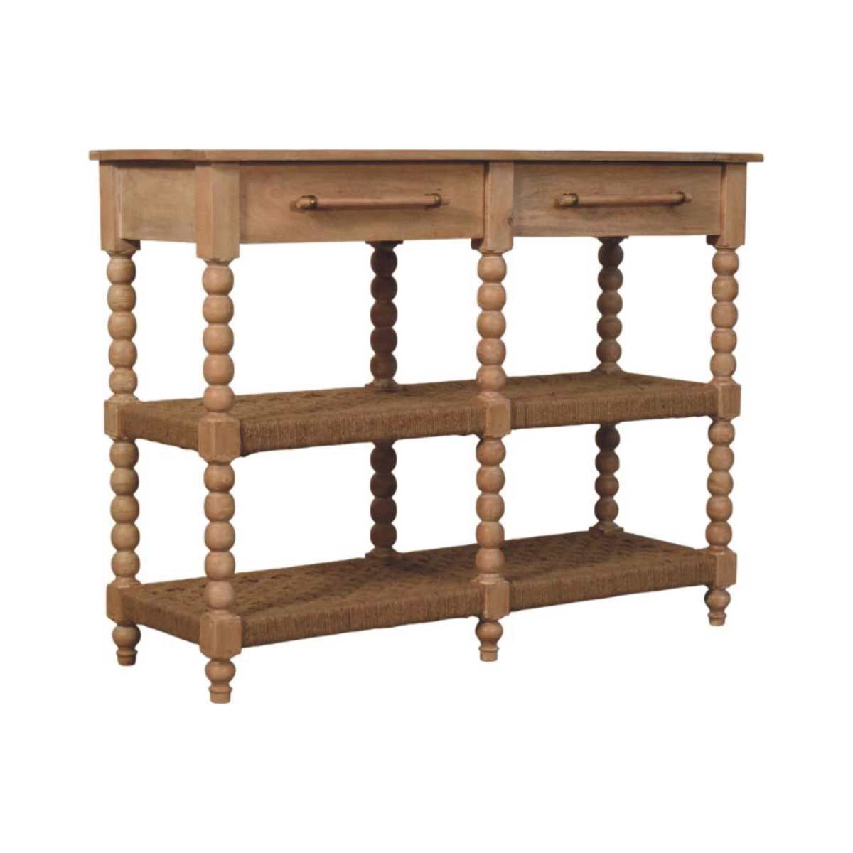 Artisan Furniture Solid Wood Savoy Bobbin Console with Jute Shelves, 2 Drawers, 4 Shelves, Beige