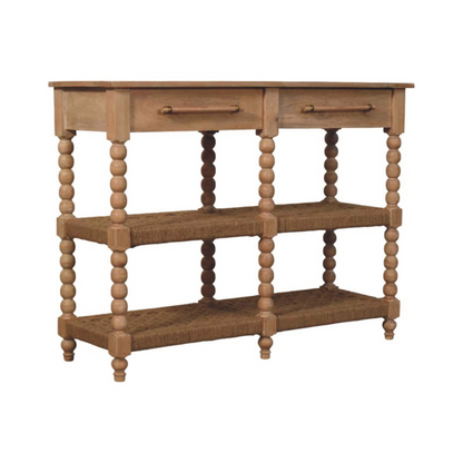 Artisan Furniture Solid Wood Savoy Bobbin Console with Jute Shelves, 2 Drawers, 4 Shelves, Beige