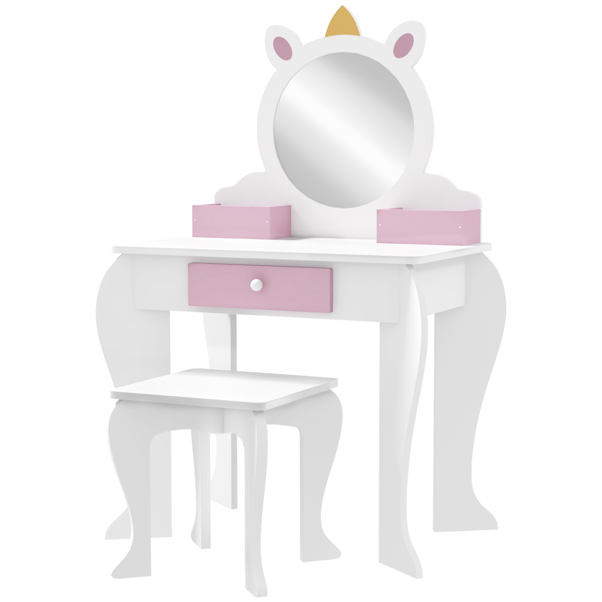ZONEKIZ Kids Dressing Table with Mirror and Stool, Drawer, Storage Boxes - White