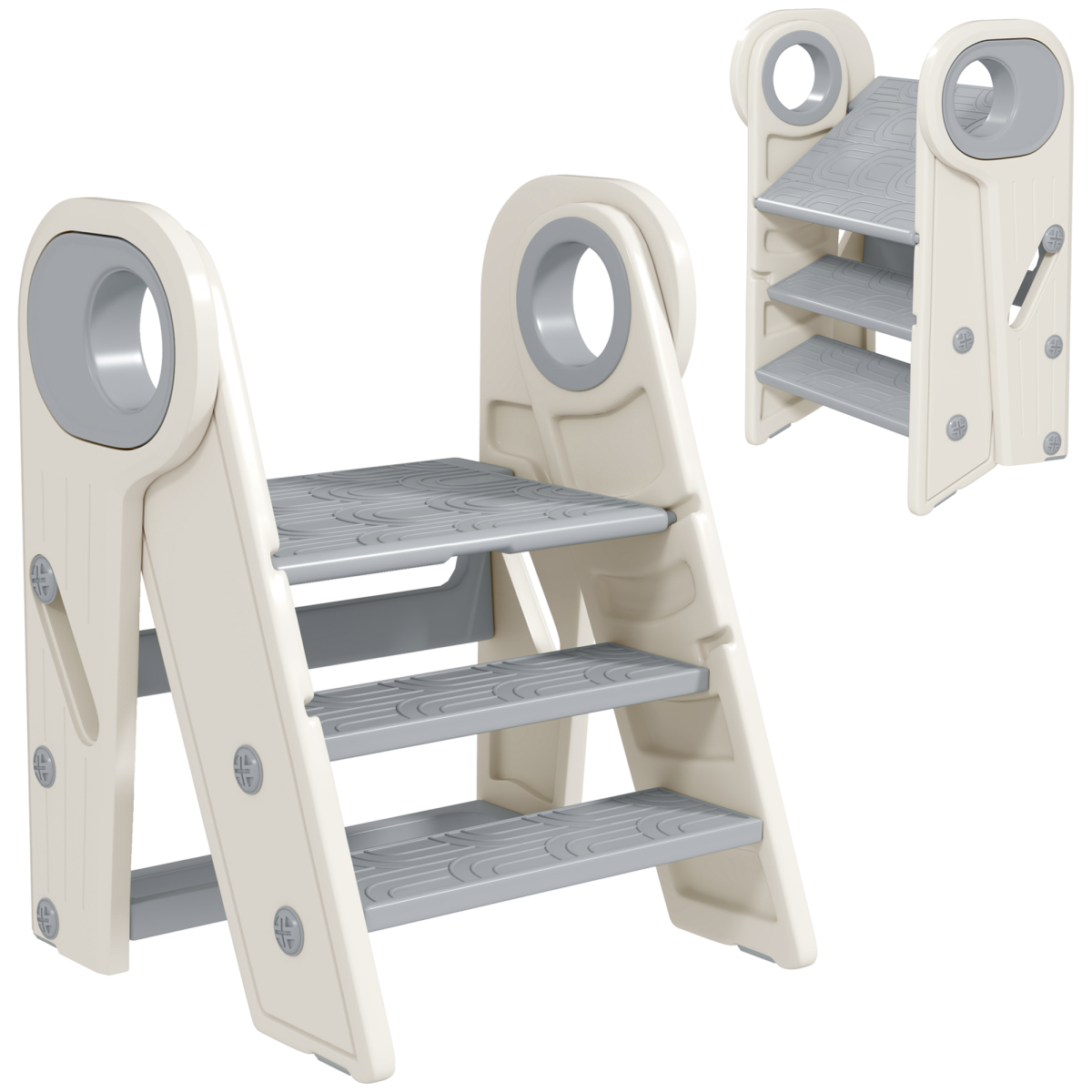 AIYAPLAY Toddler Tower, Foldable & Adjustable, with Handle, Non-Slip, Grey