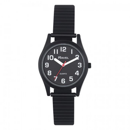 Ravel Ladies Basic Bold Easy Read Expander Bracelet Watch Black/Black R0225