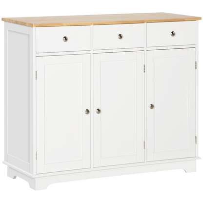Sideboard with Rubberwood Top, Buffet Drawers and Adjustable Shelves White