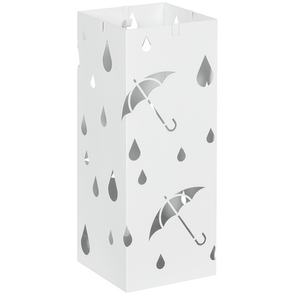 HOMCOM Metal Umbrella Stand, Square Umbrella Basket with 4 Hooks Drip Tray White