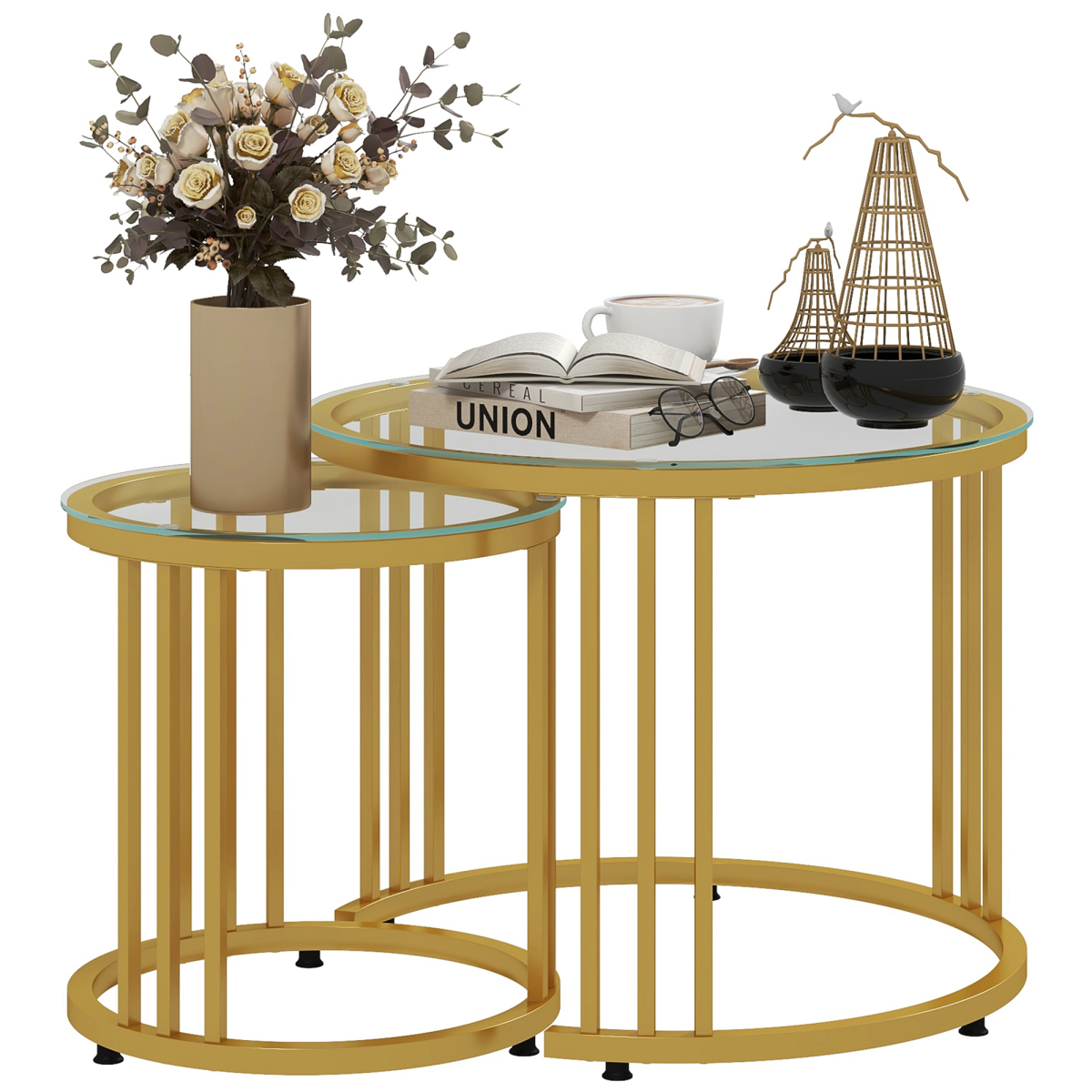 HOMCOM 2 Pieces Round Nesting Coffee Tables with Tempered Glass Top, Gold Tone