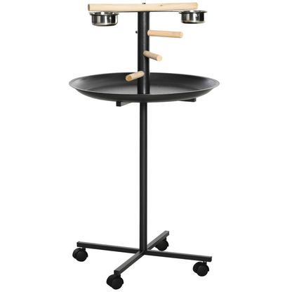 Bird Play Stand Portable Feeder Station w/ Wooden Perches, Stainless Steel Bowls