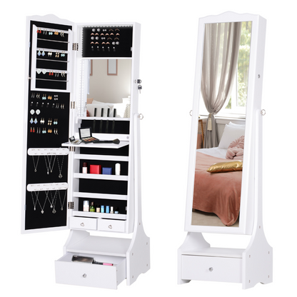 Mirrored Jewelry Cabinet Armoire Floor Standing  Lock, LED Light White