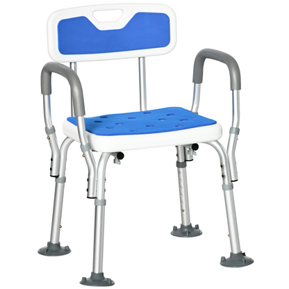 EVA Padded Shower Stool with Back and Arms 4 Suction Foot Pads Blue HOMCOM