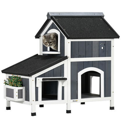 PawHut�Wooden�Cat�House�Outdoor w/ Flower Pot,�Window, Multiple�Entrances