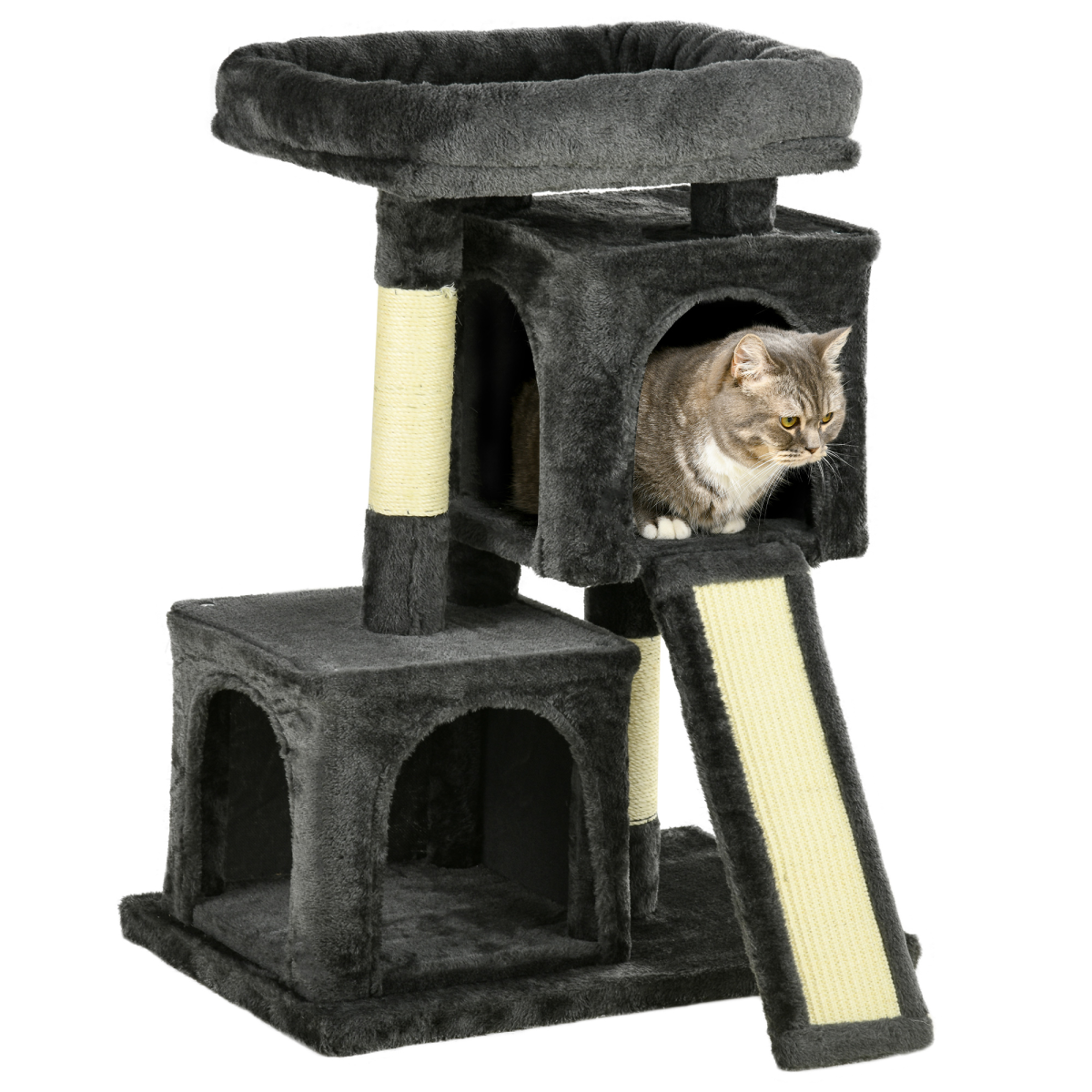Cat Rest & Play Activity Tree w/ 2 House Perch Scratching Post Black Pawhut