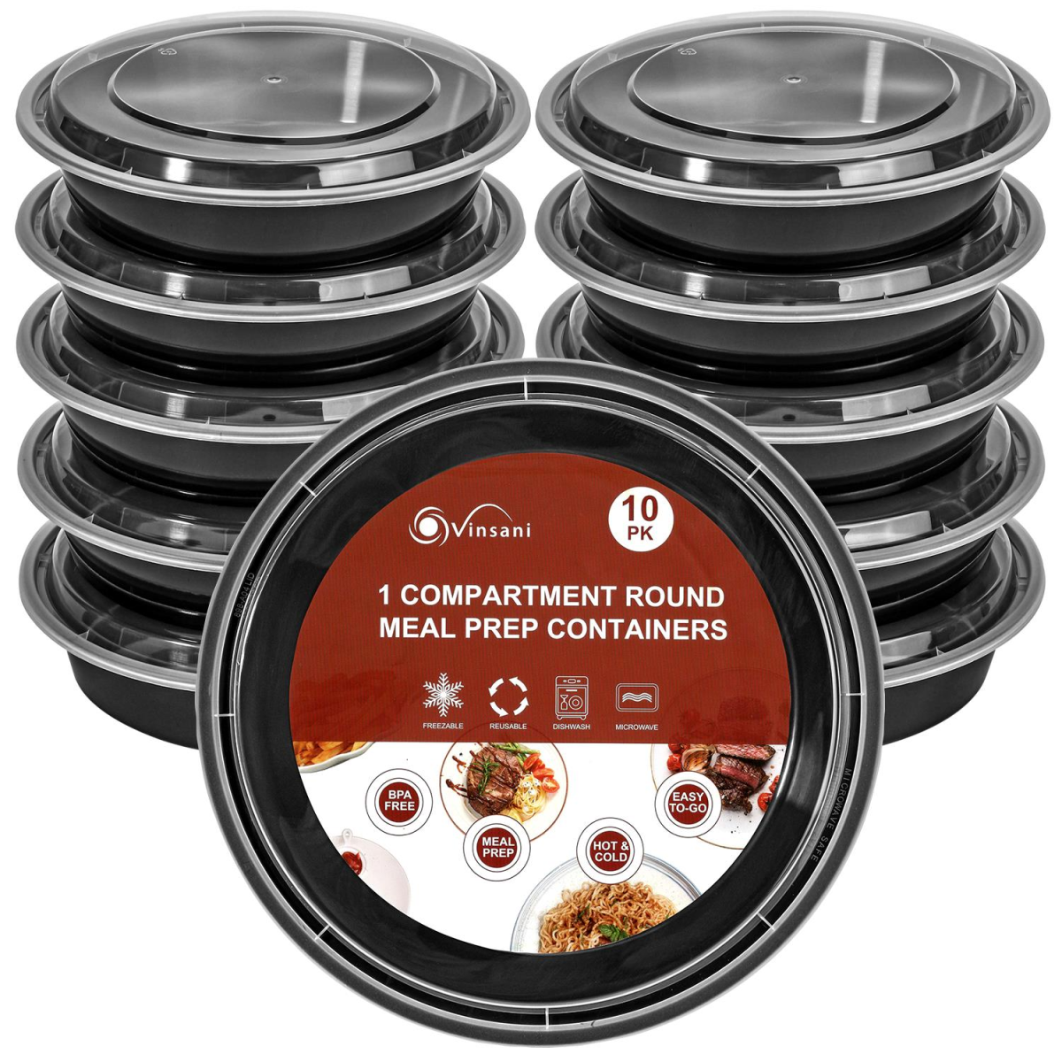 VINSANI 10pk ROUND 1 COMPARTMENT MEAL PREP CONTAINERS 1010426