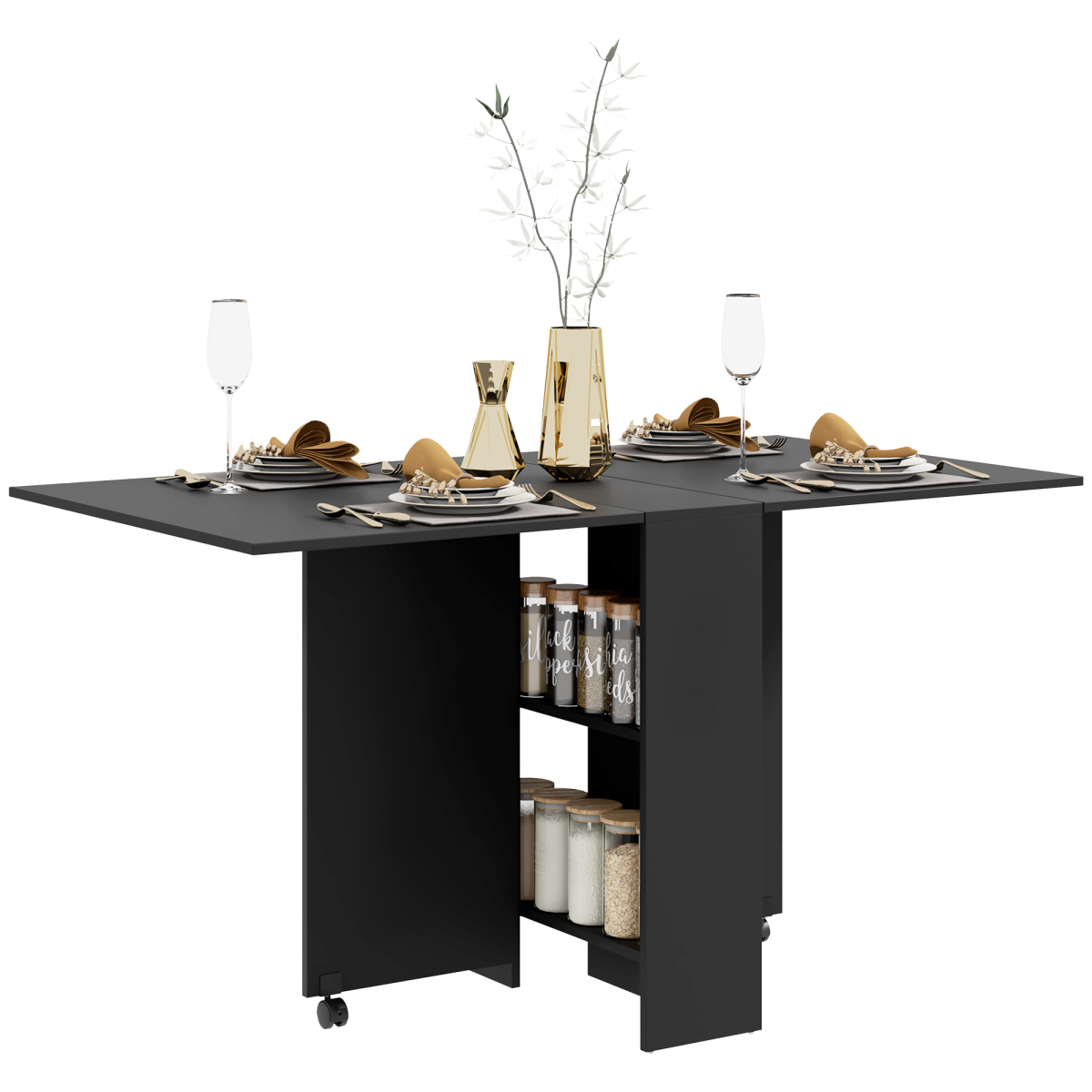 HOMCOM Rolling Drop Leaf Dining Table Folding Kitchen Table with Open Shelves