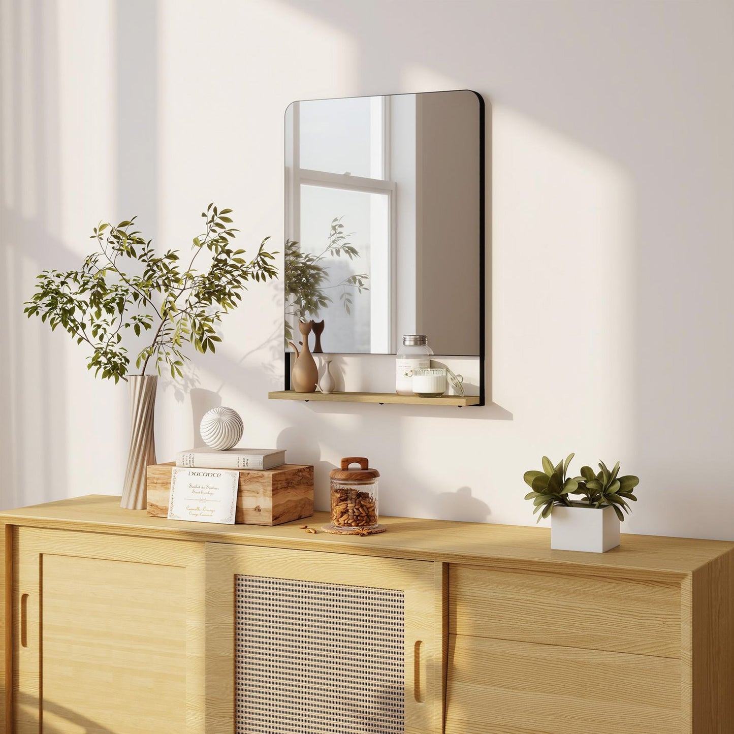 HOMCOM Wall Mirror with Wood Shelf - Black
