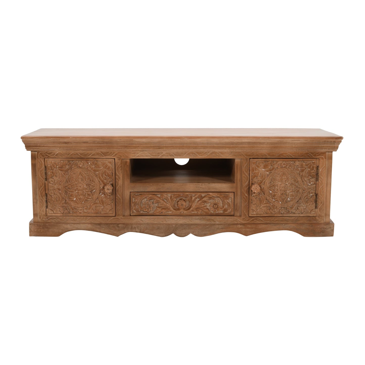 Carved Mango Wood TV Cabinet With 2 Doors, 1 Drawers