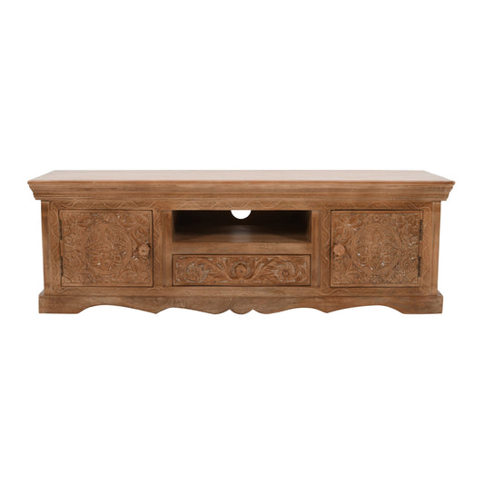 Carved Mango Wood TV Cabinet With 2 Doors, 1 Drawers
