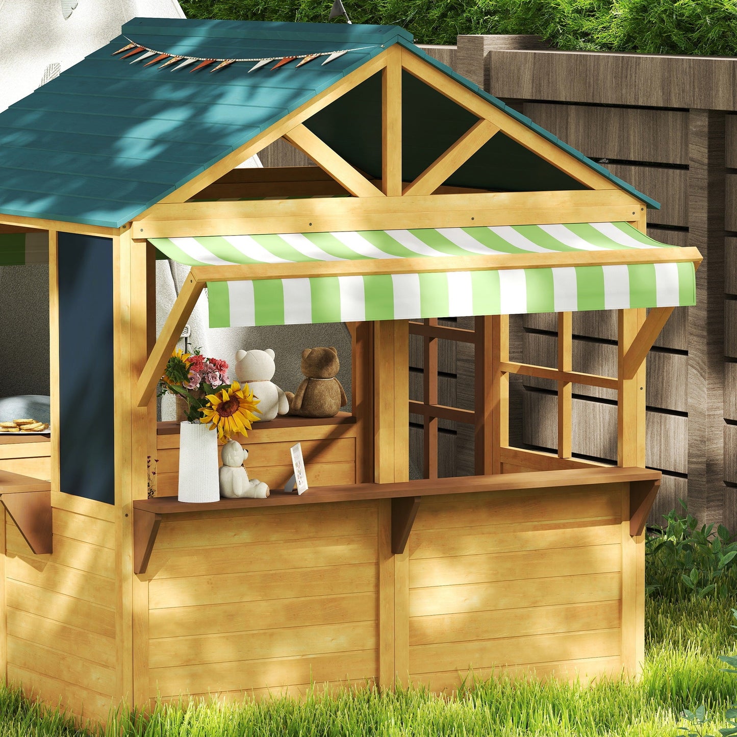 AIYAPLAY Wooden Playhouse for Kids, Foldable Wendy House with Windows, Working Door, Service Stations, Rain Covers, Brown