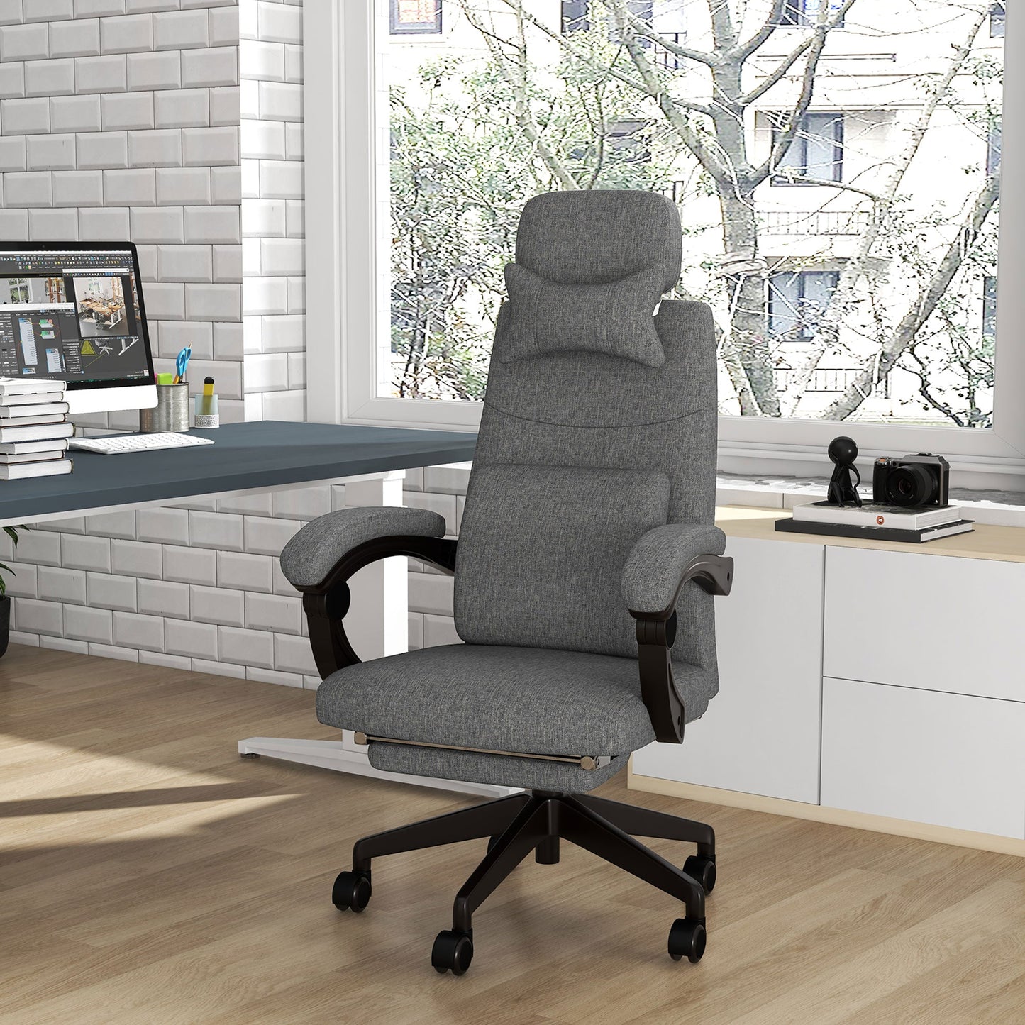 Vinsetto Linen-Look Office Chair, with 160\'c2\'b0 Reclining Back and Footrest - Grey