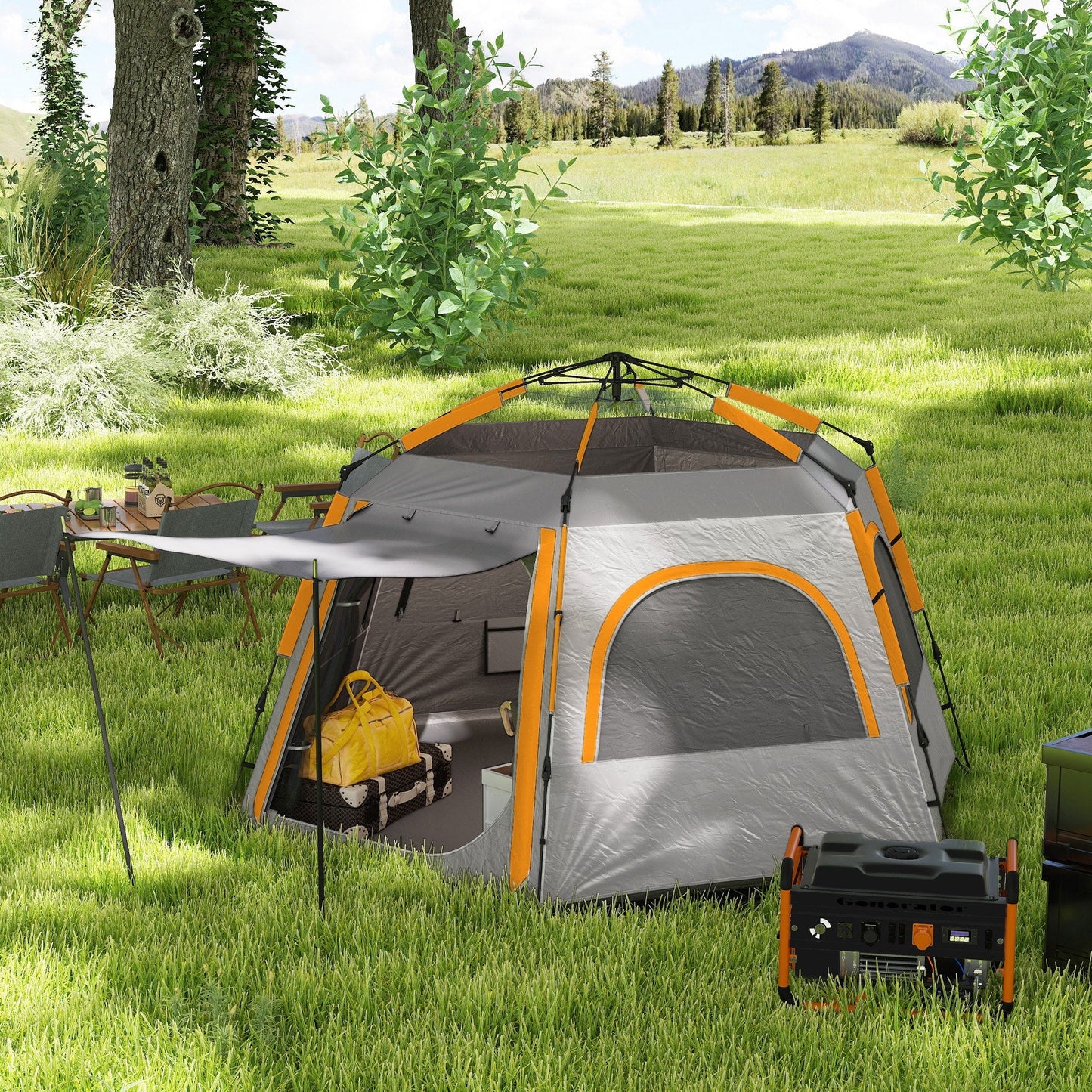 Outsunny Instant Camping Tent, 2/3/4 Person Easy Setup Family Tent with Vestibule, Rainfly, 4 Mesh Windows & 2 Doors, Hexagonal Design, Waterproof UV Protected Dome Tent, Light Grey