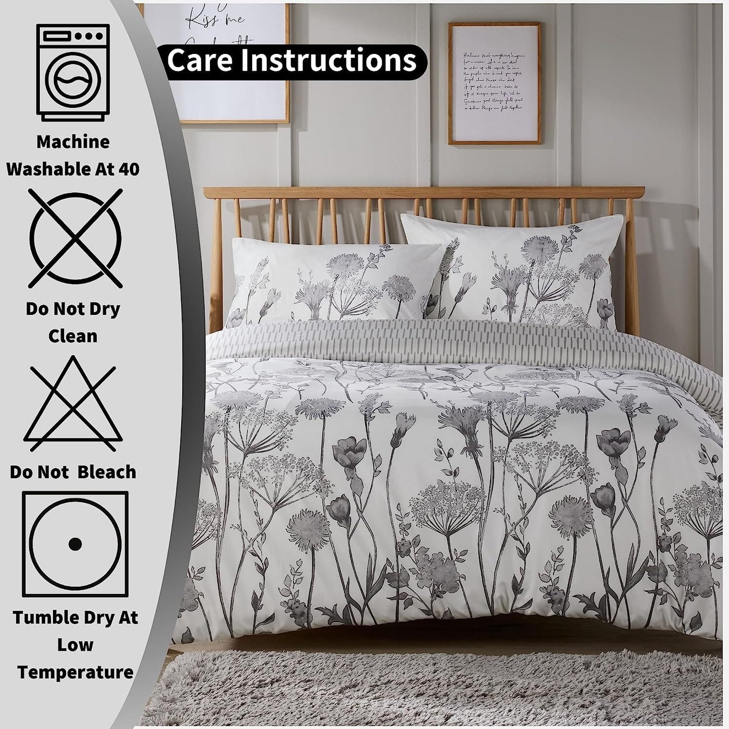 Meadow Grey Reversible Duvet Cover Set with Pillowcases Stylish Chic Design Durable Breathable Polyester Quilt Cover for Master Guest Rooms by OLIVIA ROCCO