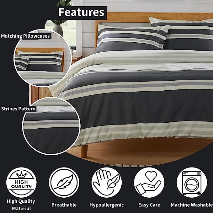 Miami Stripes Reversible Duvet Cover Set Hypoallergenic High-Quality Cotton Blend Bedding Available in Grey Natural Green Multiple Sizes by OLIVIA ROCCO