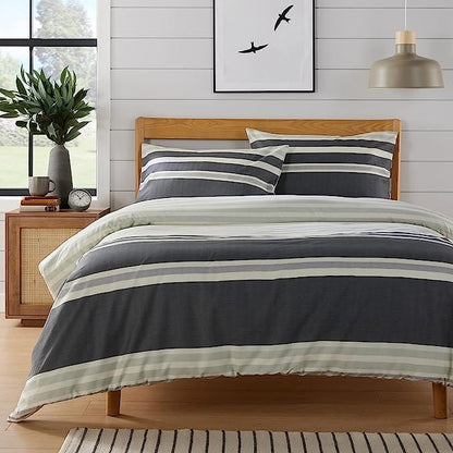 Miami Stripes Reversible Duvet Cover Set Hypoallergenic High-Quality Cotton Blend Bedding Available in Grey Natural Green Multiple Sizes by OLIVIA ROCCO