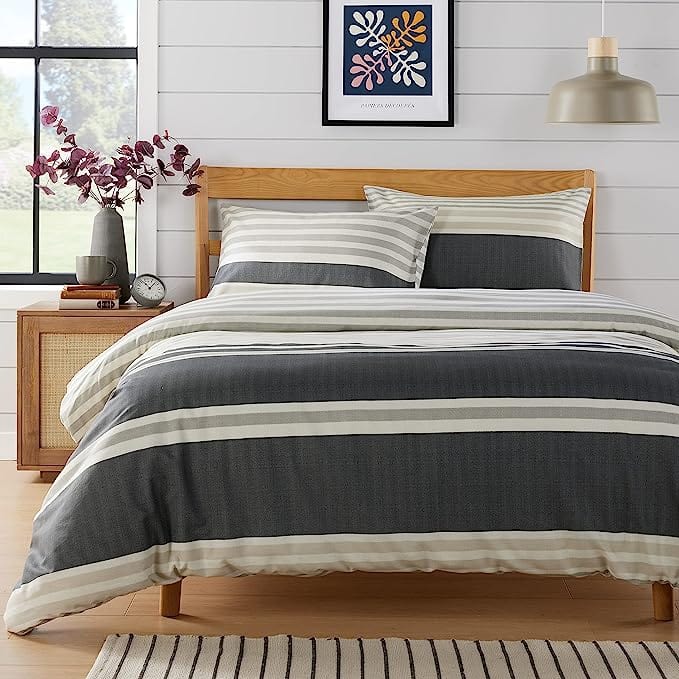 Miami Stripes Reversible Duvet Cover Set Hypoallergenic High-Quality Cotton Blend Bedding Available in Grey Natural Green Multiple Sizes by OLIVIA ROCCO