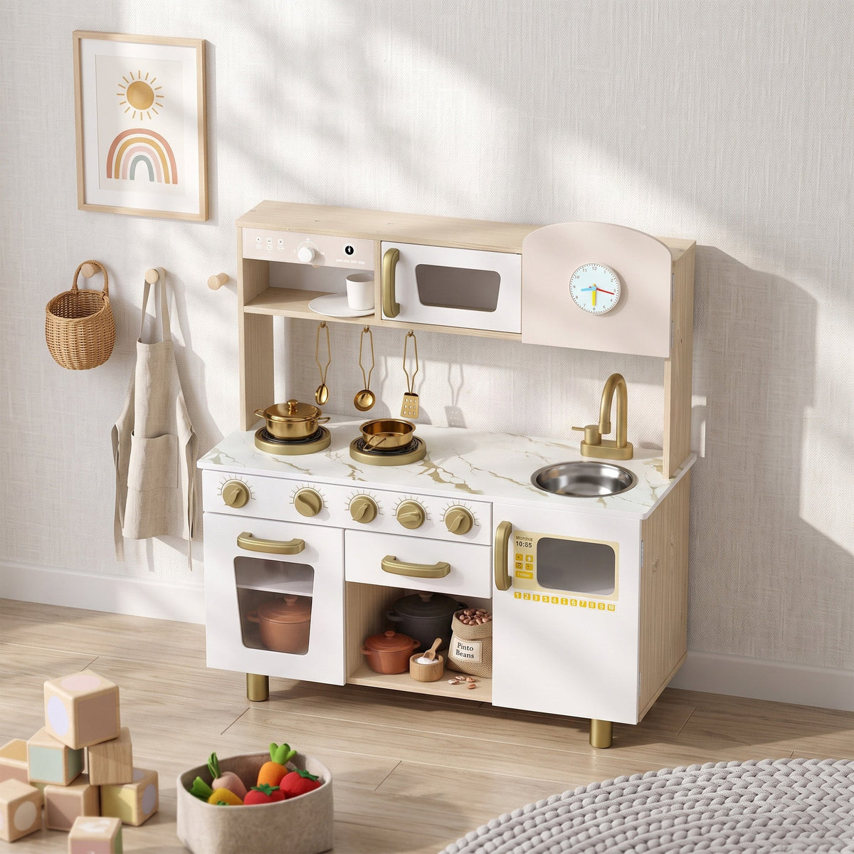 AIYAPLAY Play Kitchen, Kids Kitchen Playset with Rotating Coffee Machine, Storage Shelf, Stove, Gift for Kids 3-6 Years, White